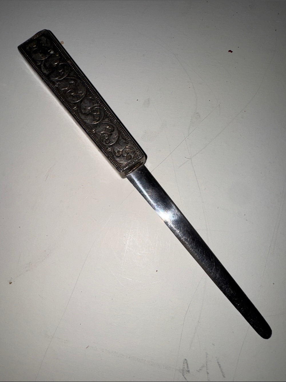 Vintage Ornate Silver-Tone Stainless Steel Letter Opener Scroll Handle